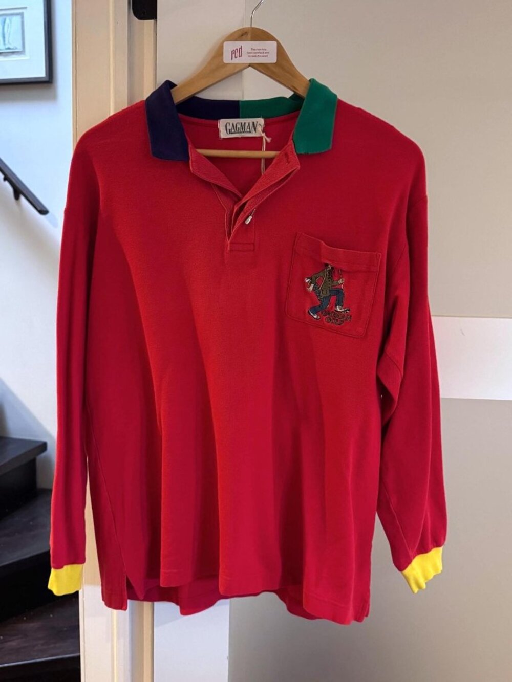 90s vintage Made in Japan red colorblock novelty golf collared cotton shirt - Picture 7 of 9